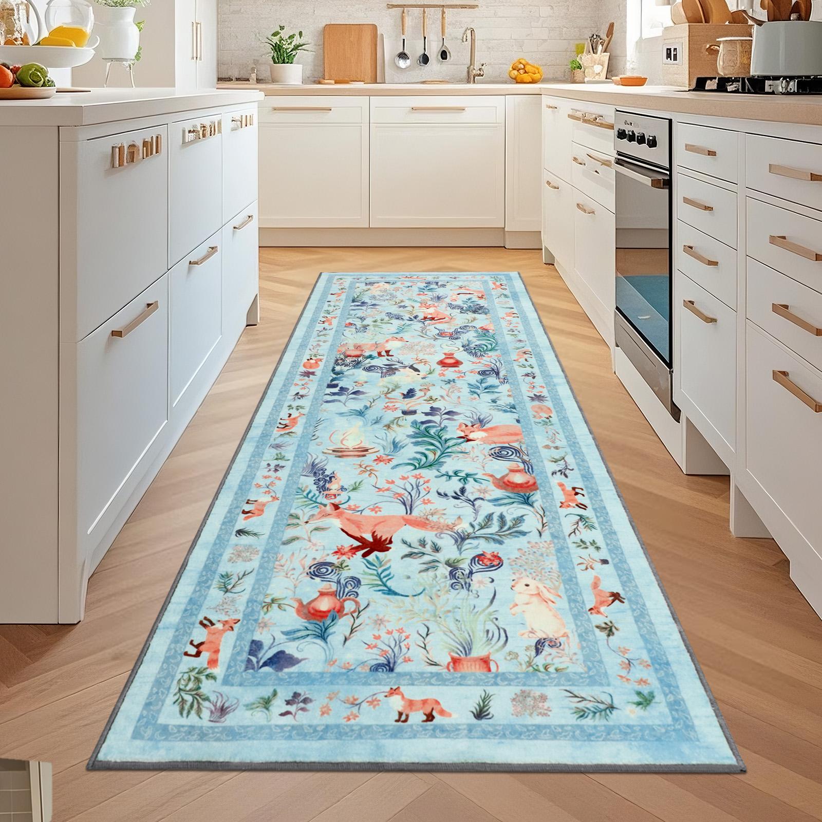 [Restock Up Sale]Geanup Fantasy Fox Animal Runner Rugs for Hallway, Non Slip Botanical Kitchen Rug, Soft Thin Jungle Fox Bedside Runners, Cute Mushroom Accent Floor Carpet for Bedroom Hall Bathroom Laundry
