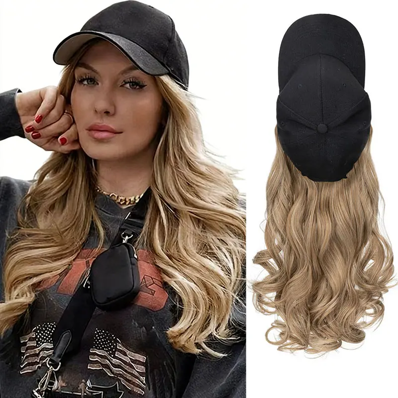MY-LADY Hat Wig, 16-Inch Curled Body Wave Synthetic Hair Piece with Baseball Cap for Women, Adjustable Fit Wig with Magic Strap, Curled Wig, Tape