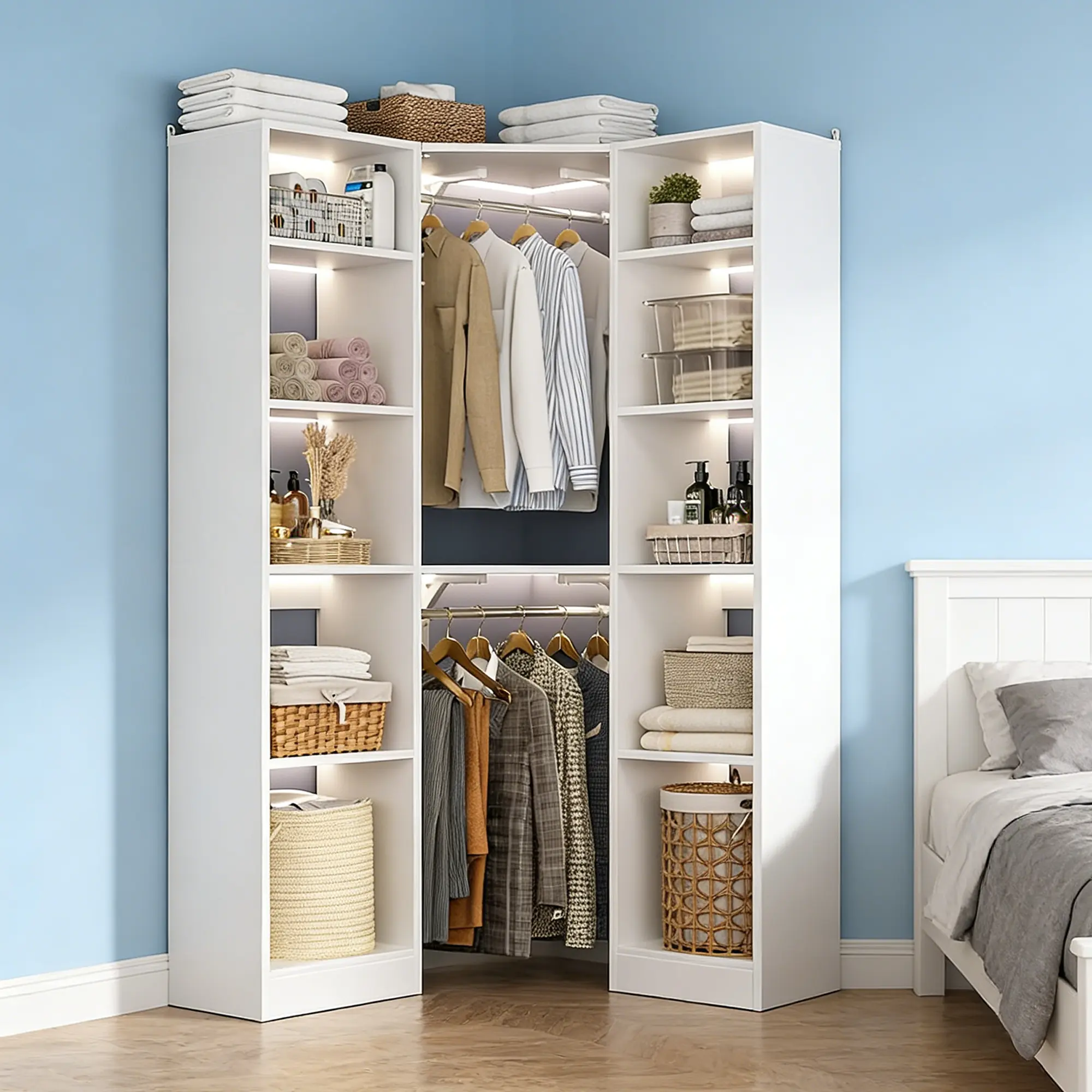 Cyclysio 40"W L-Shaped Corner White Wardrobe Cabinet - Adjustable Wooden Freestanding Organizer with 2 Hanging Rods, 12 Shelves, Clean Look for Home Decor, Closet Organization, Small Room Ideas, Luxury Closet Storage, Modern