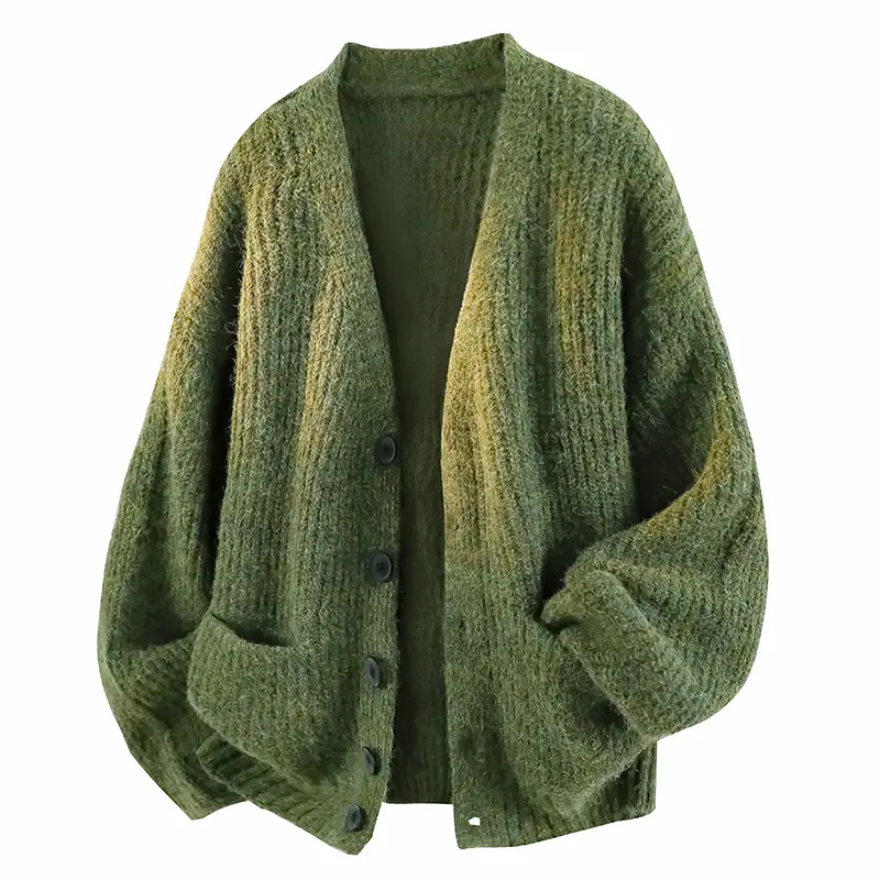 Men's Vintage Chunky Knit Cardigan, Thick V-Neck Outerwear with Single Button and Pockets, Soft Mohair Texture Polyester Blend, Thick Knit Outerwear, Knit Longsleeves