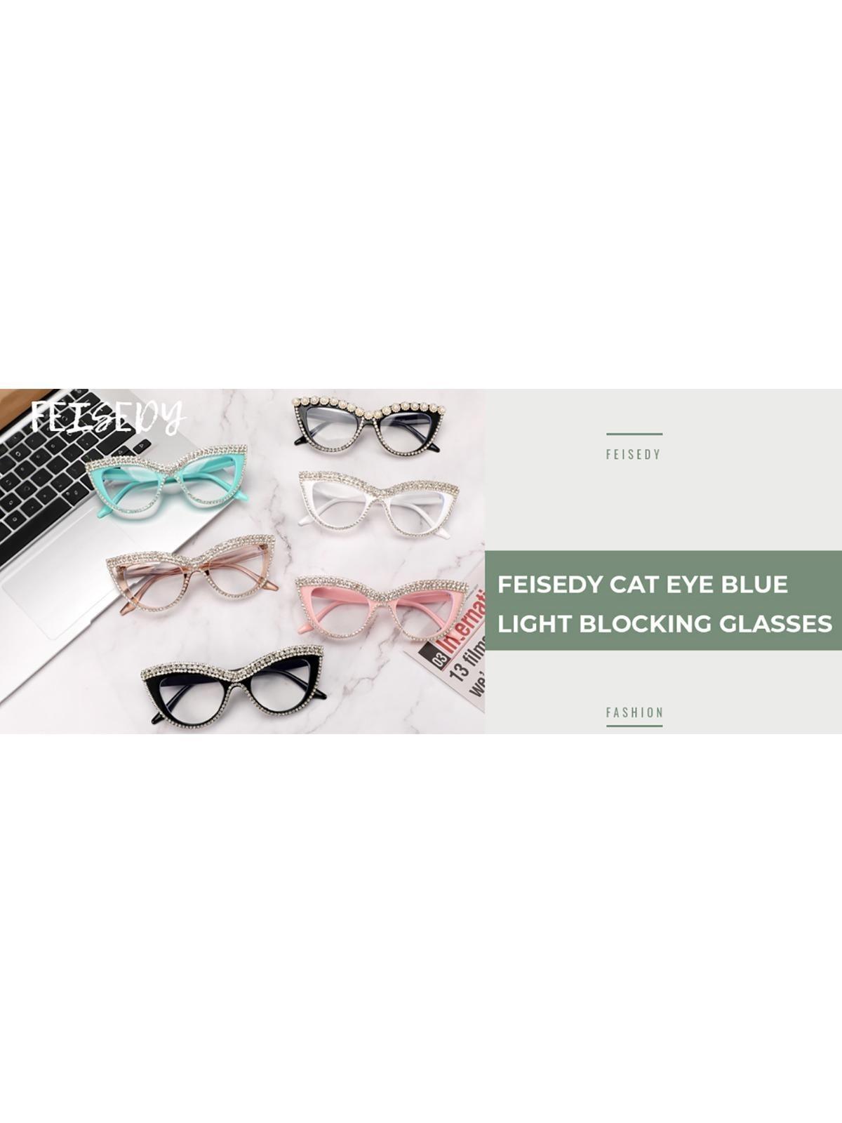 FEISEDY Diamond Blue Light Blocking Glasses Cat Eye Rhinestone Women Oversized Anti Eyestrain Computer Glasses Frame B2358
