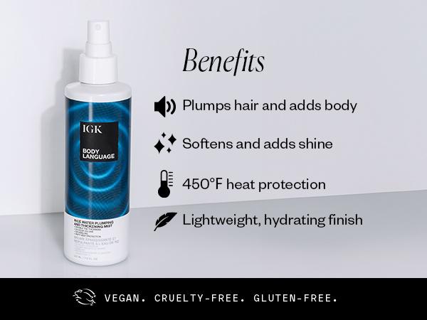 IGK BODY LANGUAGE Rice Water Plumpkin & Thickening Mist | Weightless Primer, Detangles + Hydrates | Vegan + Cruelty Free + Comfort | 207ml | 7 oz