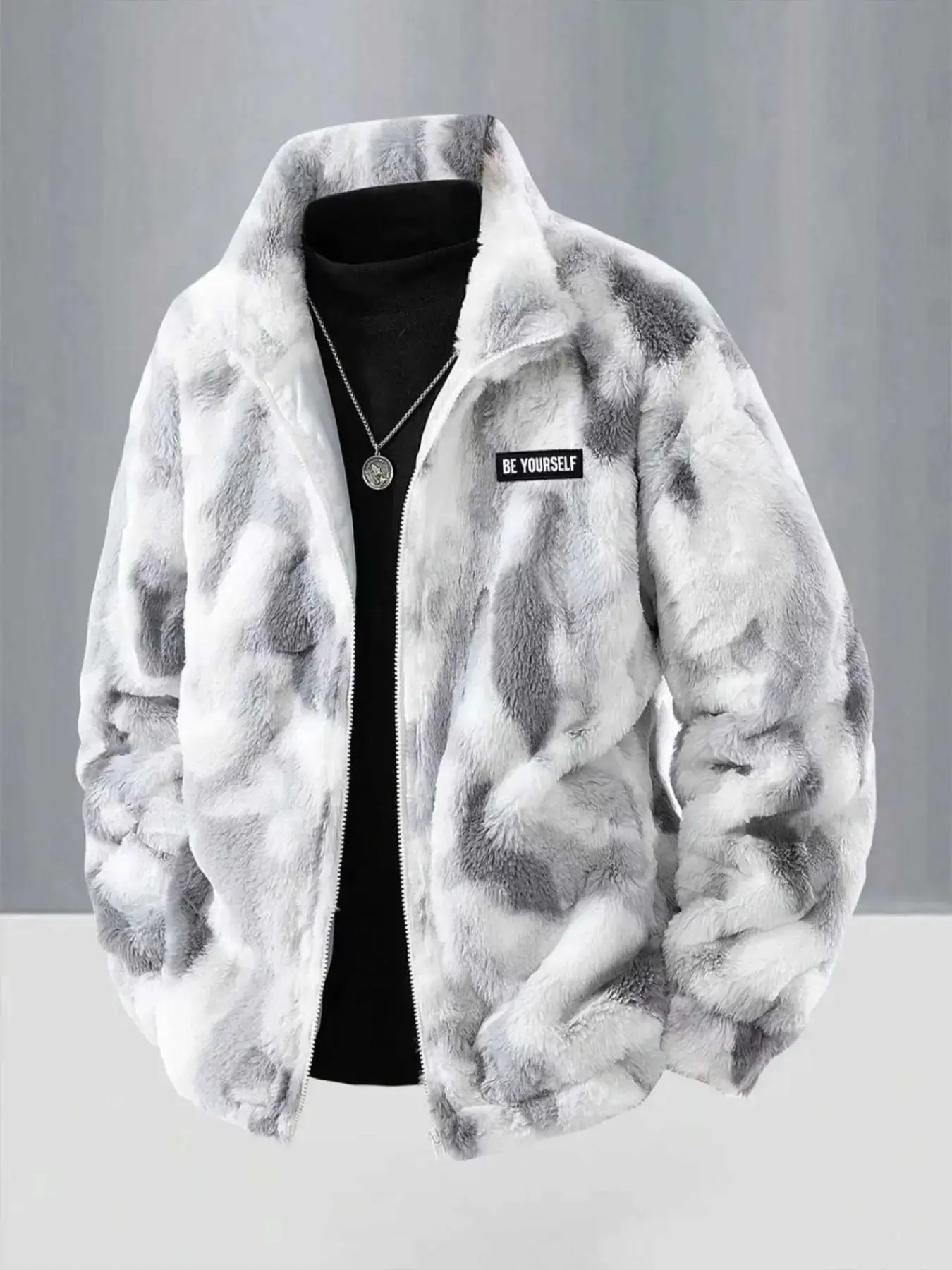 Men's Tie-Dye Faux Fur Fitted Jacket Short, Be Yourself Patch Detail, Full Zip Stand Collar, Warm Comfortable Soft Coat, Winter Casual
