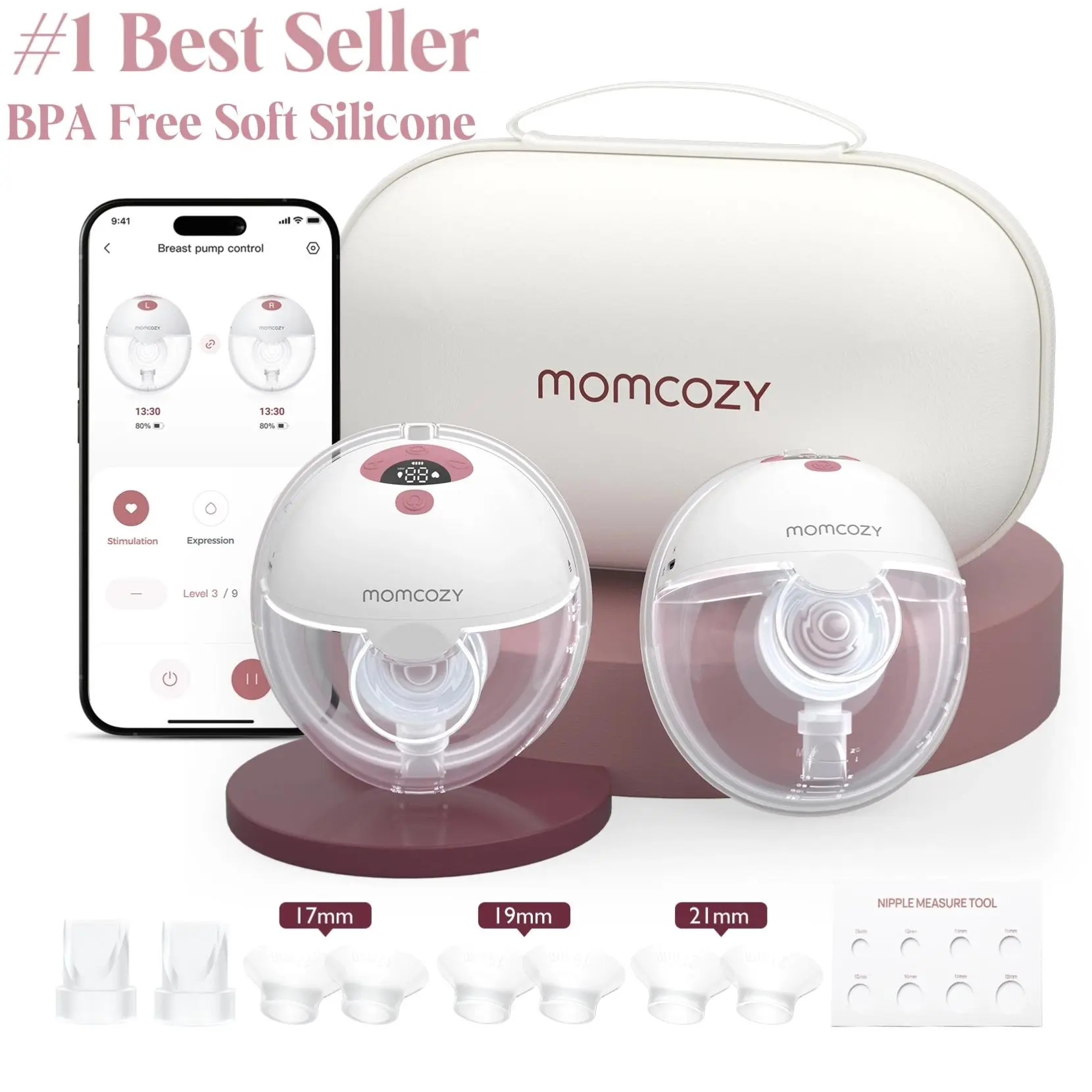 Momcozy  Breast Pump Hands Free M5 Smart APP,Wearable Breast Pump of Baby Mouth Double-Sealed Flange with 3 Modes & 9 Levels, Electric Breast Pump Portable - 24mm