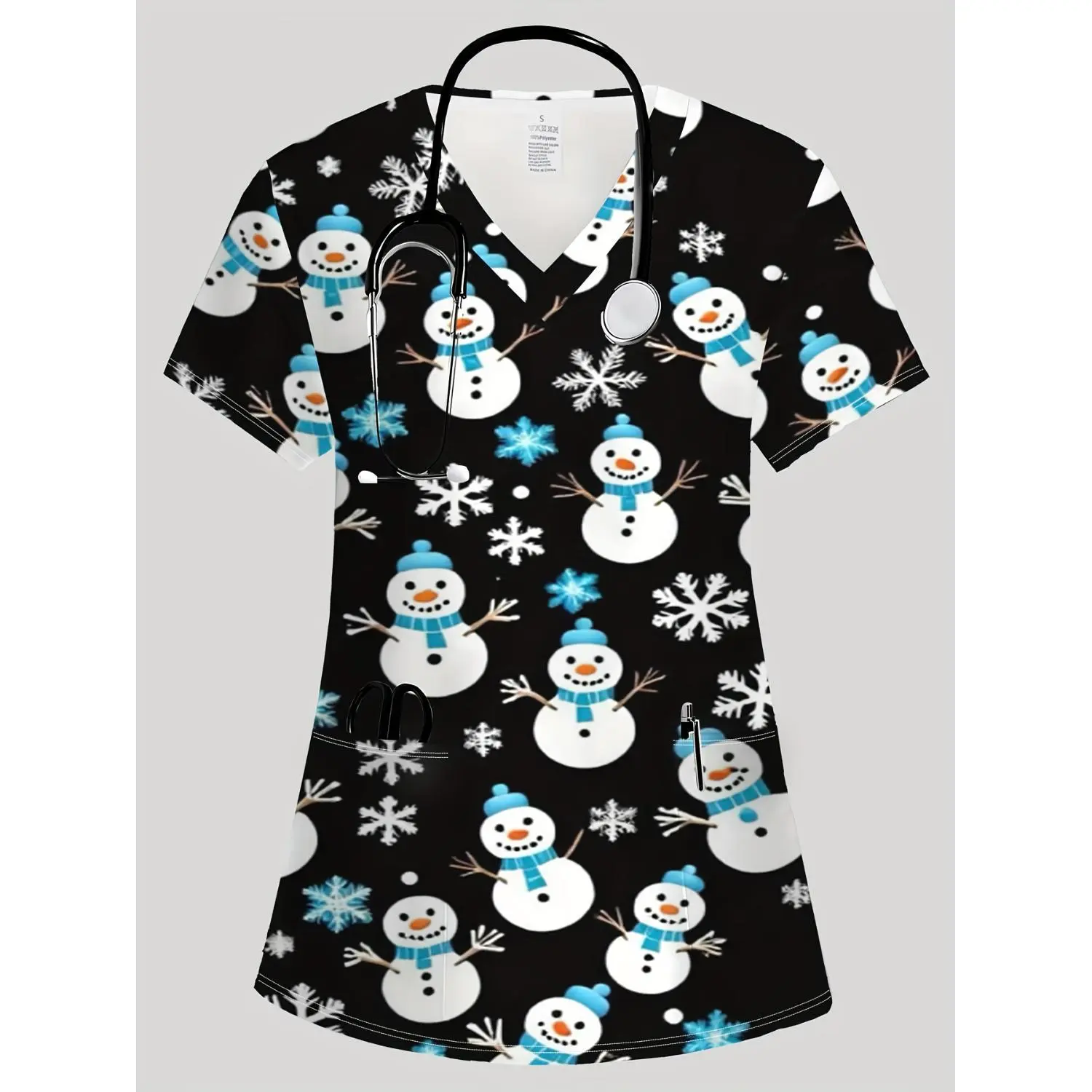 Women's Plus Size V-Neck Snowman Snowflake Print Nurse Uniform Top - All-Season Pocketed Scrub for Healthcare Professionals and Winter-Themed Attire