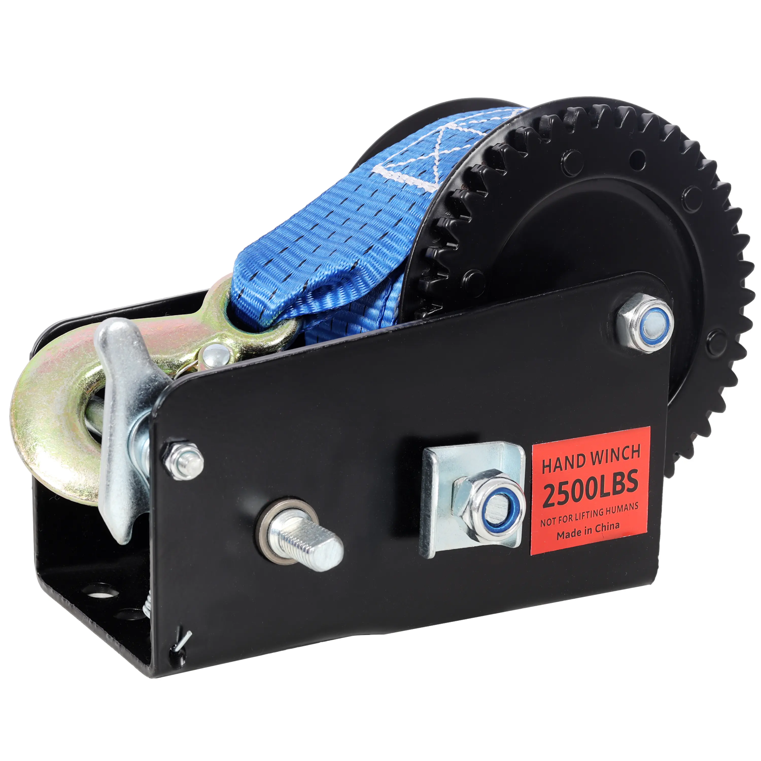 2500LBS Hand Winch,with 32.8FT Blue Strap,Black Shell,4.1:2.4:1 Gear Ratio Portable Winch,Two-Way Ratchet,Manual Operated Hand Crank Winch for Trailer, Boat or ATV Towing