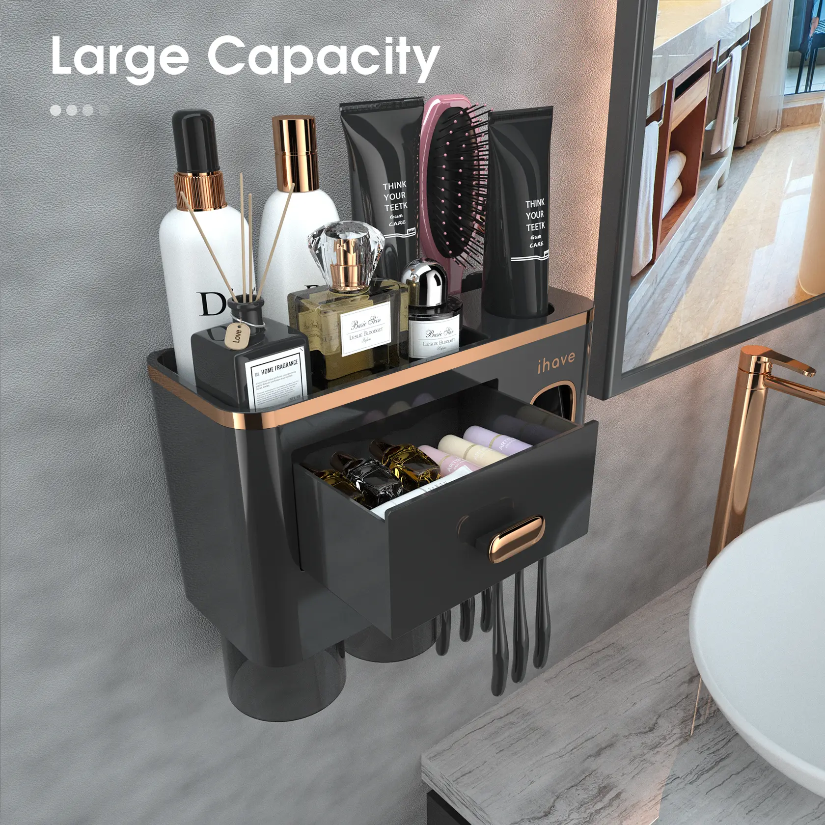 iHave Wall-Mount Toothbrush Holder Organiser Set - Waterproof Modern Bathroom Accessory with Toothpaste Dispenser, 2 Cosmetic Drawers, Multiple Magnetic Cups, Large-Capacity Tray, Easy Installation, Mount Toothbrush Holders