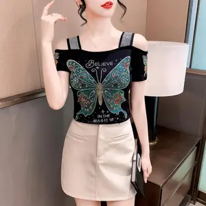 New T-shirt Heavy Industry Diamond Inlay Double Ice Mesh Short Sleeve Fashionable Off-shoulder Beautiful Back Shirt Women's Fashion Fabric Fit