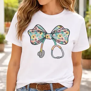 Floral Bow with Stethoscope Design on short sleeved shirt for Medical Professionals