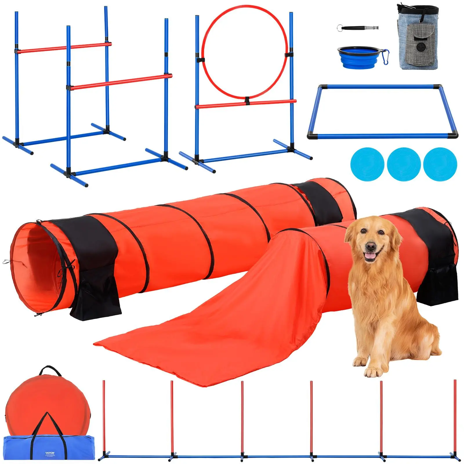 【SummerFinds】VEVOR Dog Agility Training Equipment,  , 7 PCS Set Upgrade w/ Adjustable High Hurdles,6 Weave Poles,2 Tunnels,Jump Ring,Pause Box,3 Frisbee,Whistle,Foldable Bowl,Puppy Obstacle Course Kit w/ 3 Bags