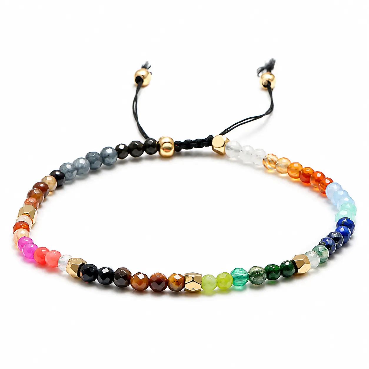 Unisex 3mm Faceted Beads Bracelet - Multicolor Rainbow Hues, Gold-Tone Accents, Adjustable Size Sliding Knot, Year-Round Everyday Stacking Costume Jewelry