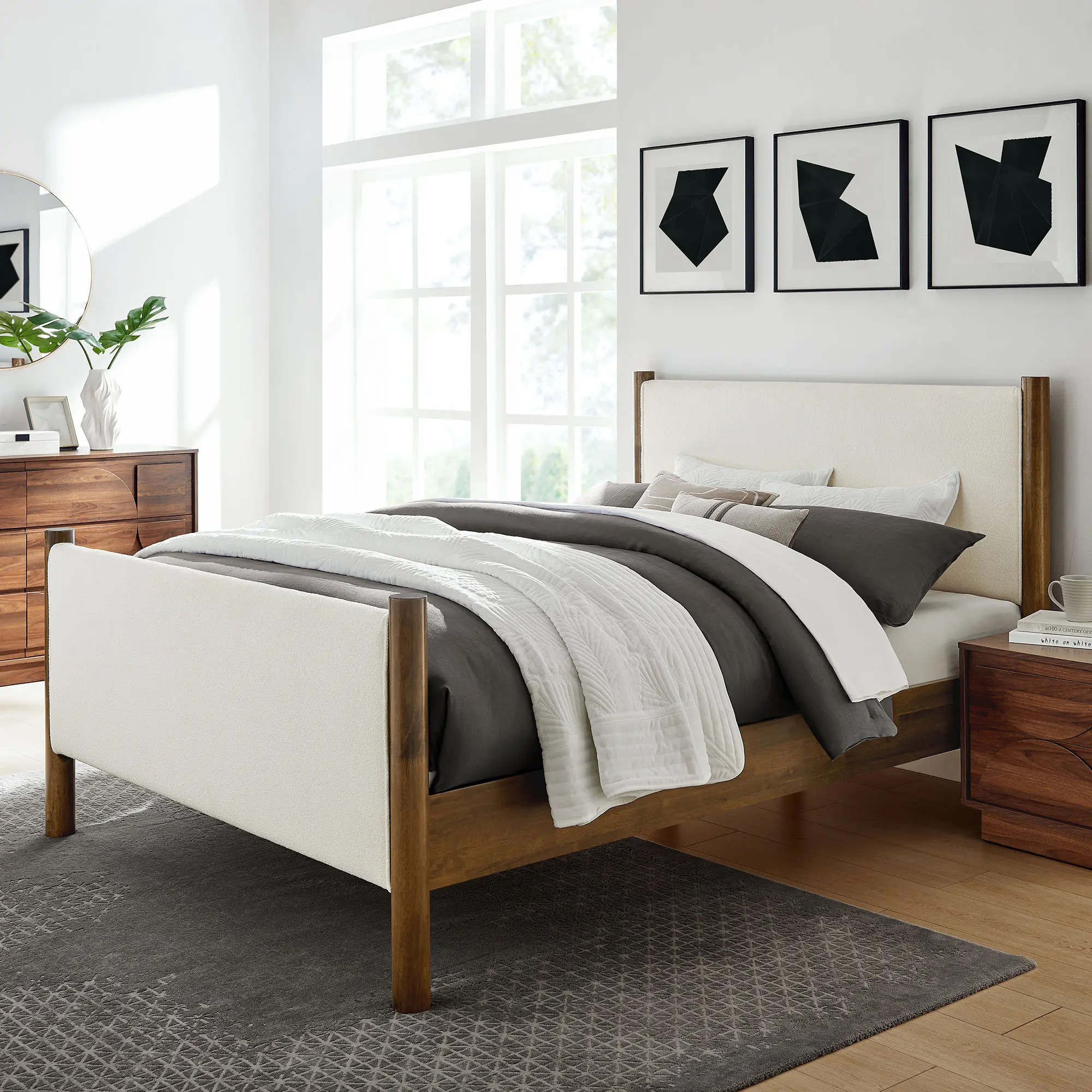 Maven Queen Size Boucle Upholstered Platform Bed with Feather Walnut Finish, Cozy Texture, Durability and Style, Ideal for Guest Room