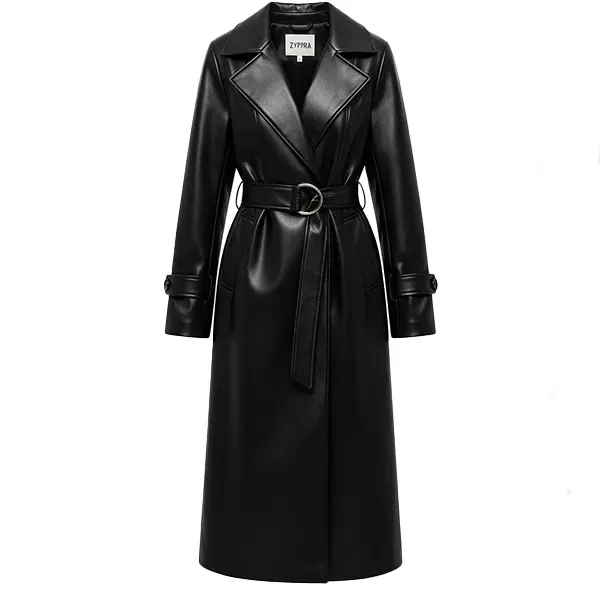 Women's Genuine Leather Trench Coat – Long Black Belted Jacket | Luxury Fall Winter Fashion