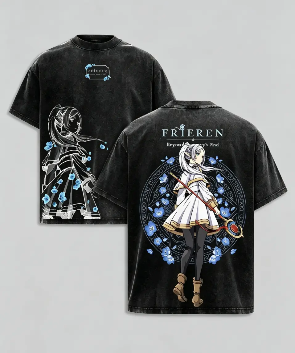 Frieren Beyond Journey's End Men's Vintage Washed Baggy Loose-Fitting Heavy Cotton Graphic T-Shirt - Unisex Retro Streetwear, Magical Elf Mage Double-Printed Casual Oversize Tee, Seamless Round Neck, Machine Washable