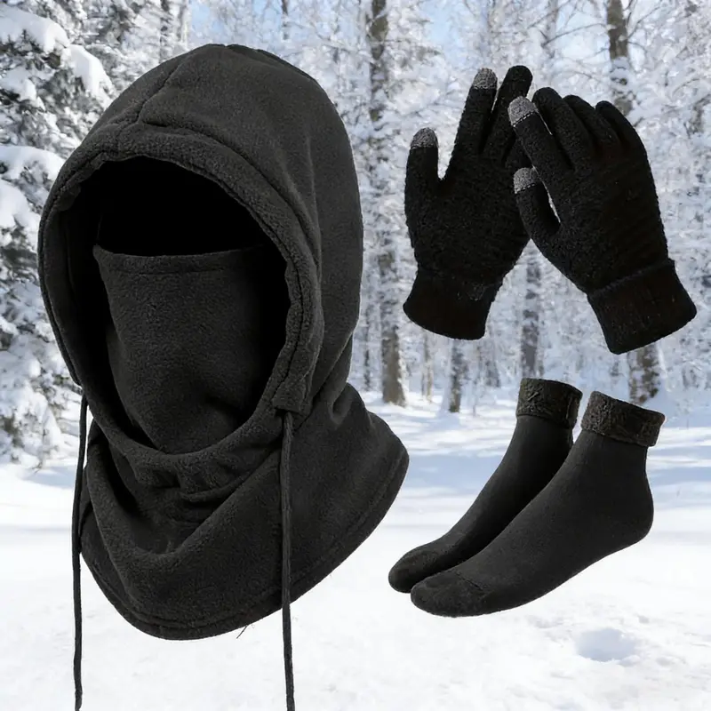 Unisex Adults' 4-Pc Plain Winter Warm Outdoor Wear Set - Windproof Full Face Ski Mask Balaclava, Hooded Jacket, Gloves, Thermal Socks, Biking/Ski Extreme Cold Gear, Hand Washable Ideal Gift