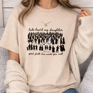 Inspirational Matthew 9:22 Bible Verse T-Shirt | Christian Faith Healing Beige Tee | Take Heart My Daughter Graphic Top | Viral Aesthetic Unisex Casual Shirt | Premium Soft Cotton Apparel | Best Religious Gift for Women | Bold Scripture Art Tee