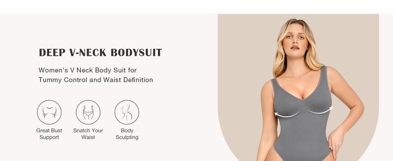 FeelinGirl #Livestream Tummy Control Bodysuit for Women Slimming V Neck Bodysuits Snatched Waist Body Suit Shaping Thong Sleeveless  Minimalist Skinny Vneck Springtok