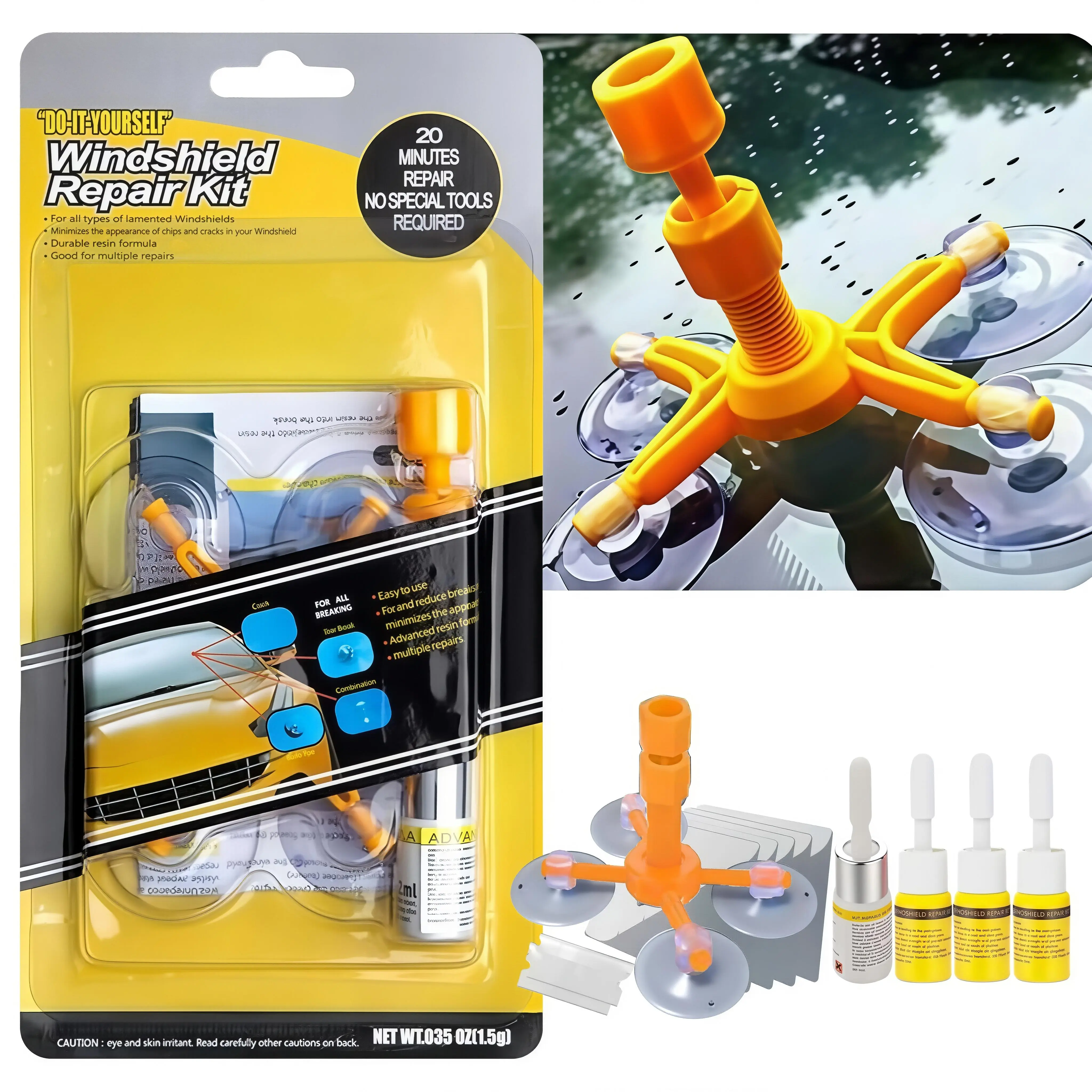 Cracked Windshield Repair Kit, 4-Piece Car Glass Repair Tool Set for Chips & Small Cracks, Fixes Bullseye & Star Damage, Windshield Repair Kit For Chips And Cracks