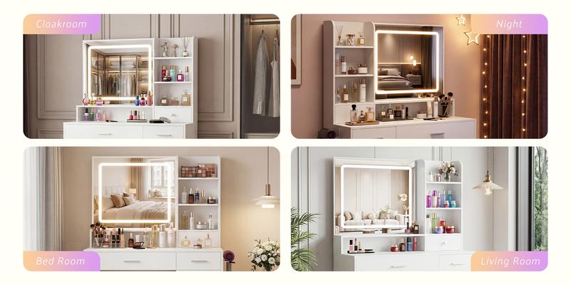 2-Drawer 1-Door / 3-Drawer 2-Door Mirror Makeup Vanity with Light Strip – Stylish & Functional Dressing Table for Modern Living