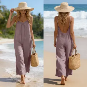 Molitree Women's Summer Casual Sleeveless Backless Jumpsuit 2026 Vacation House Overall with Spaghetti Straps & V Neck for Beach Vacations - Womenswear