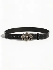 Western-style flower-pressed leather belt for both men and women, with a unique alloy buckle, artistic and retro.