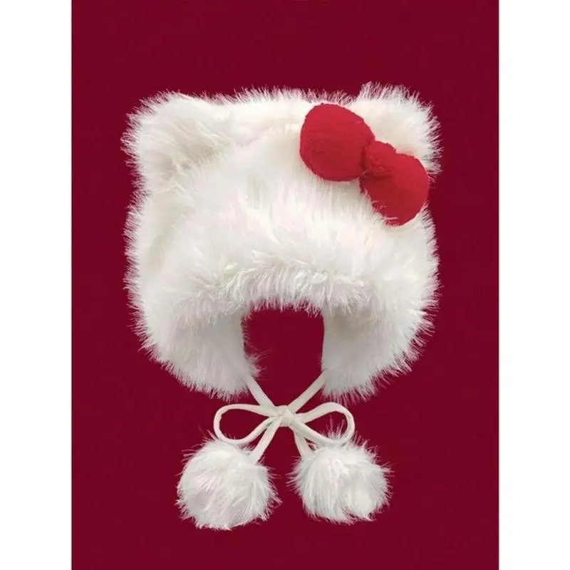 2026 New Arrival Cute Cat Ear Acrylic Plush Hat - 1 Size, Pom Pom Decor, Bowknot Design, Soft Loose Fit Unique Hat, Warm Fall Winter Sports & Outdoor Accessory, Women's Whimsical Gift for Teen Girls, Soft Hat tiktokshopbacktoschool