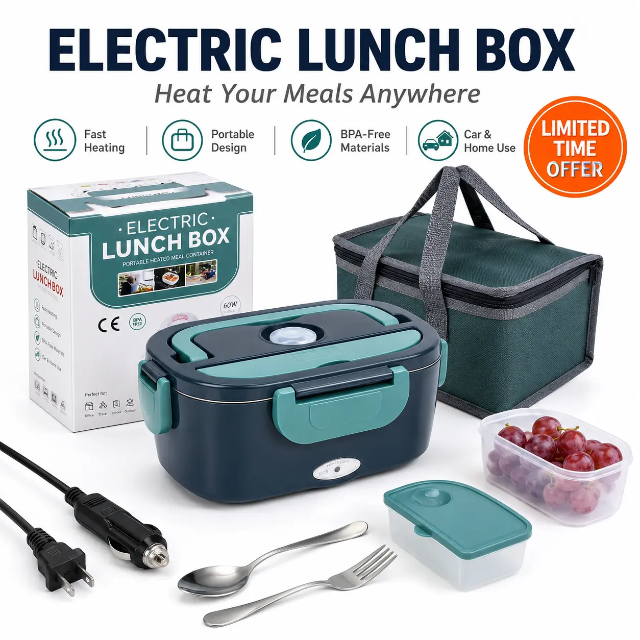 Heated Electric Lunch Box Leak-Proof Portable Food Warmer with Car Charger Insulated Bag Keep Food Warm Easy to Use Tableware