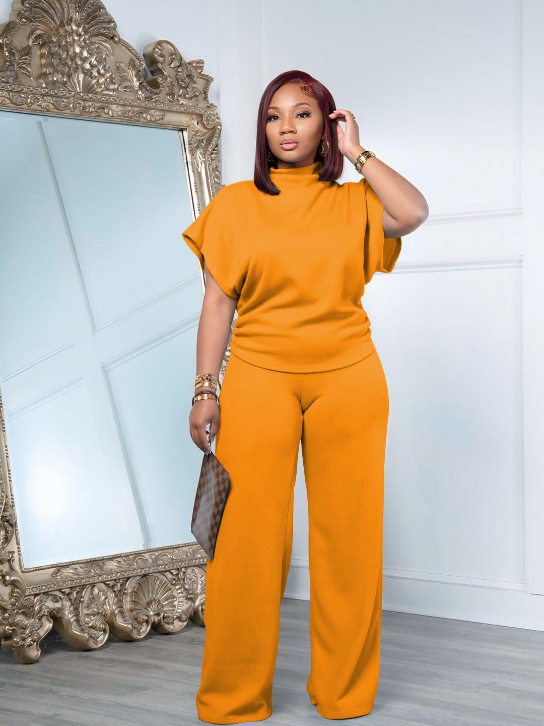 USBoutique Chic Women Summer Lightweight And Silky Soft Set Two Piece Casual Set Short Sleeved Semi High Neck Loose Top Wide Leg Pants Set