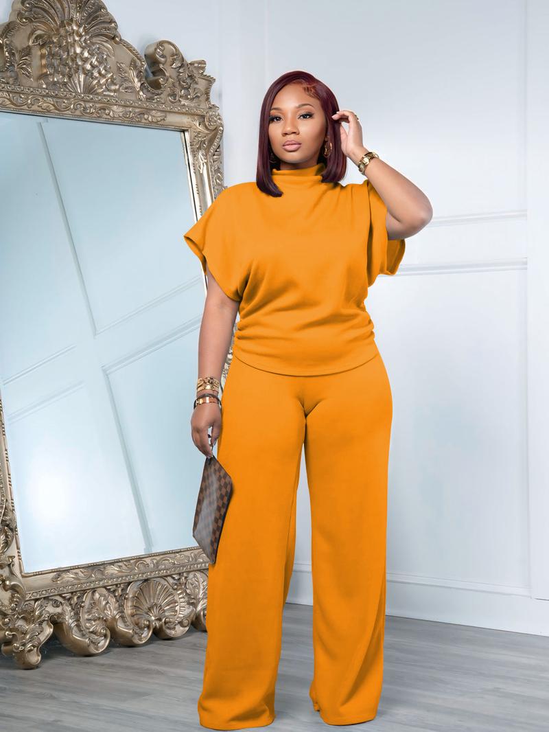 USBoutique Chic Women Summer Lightweight And Silky Soft Set Two Piece Casual Set Short Sleeved Semi High Neck Loose Top Wide Leg Pants Set