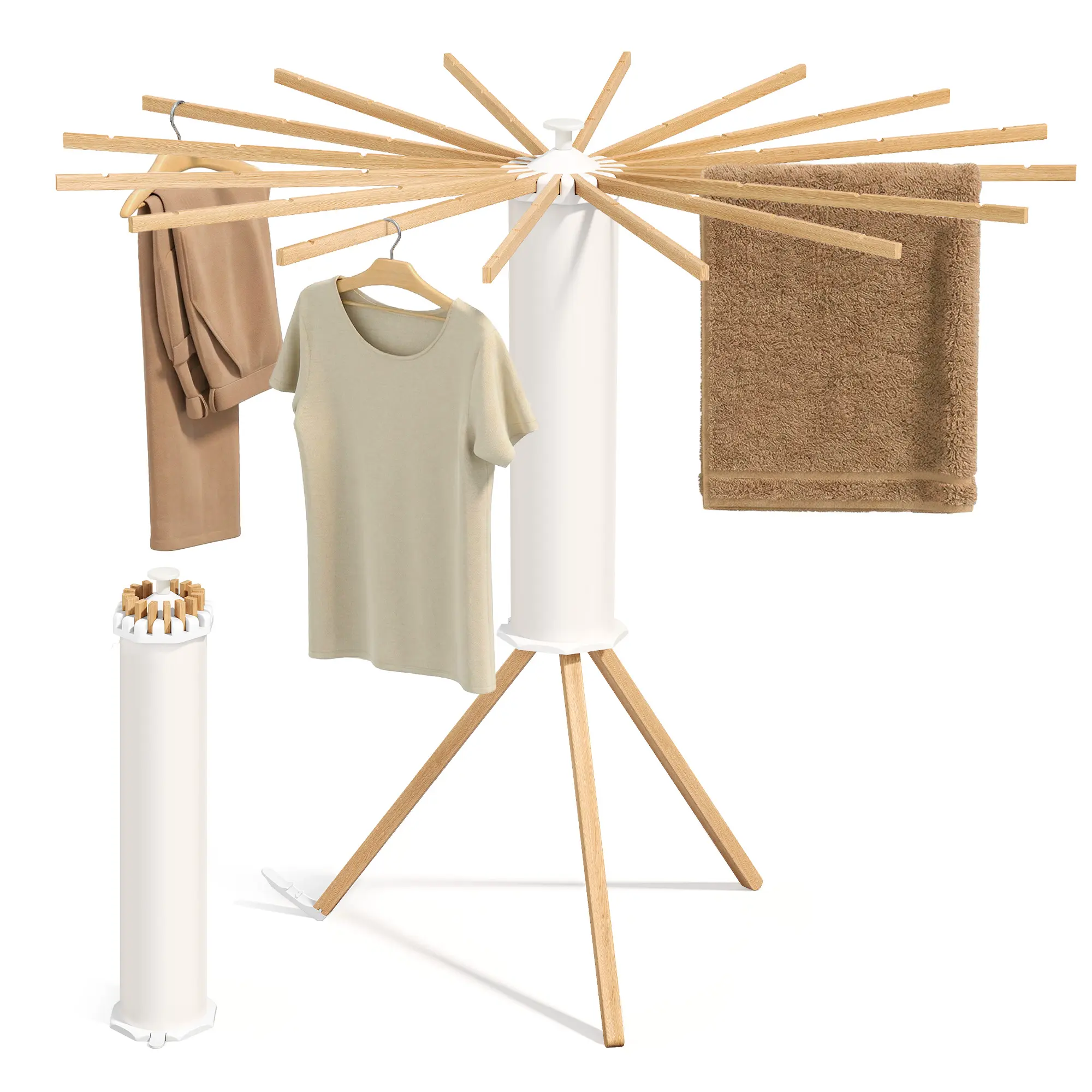 SONGMICS Foldable 360-Degree Rotatable Floor-Stand Tripod Clothes Drying Rack, Single Unit with 16 Pull-Out Rods, Compact Portable Airer for Laundry Room, Balcony | Home Supplies Laundry Tools & Accessories