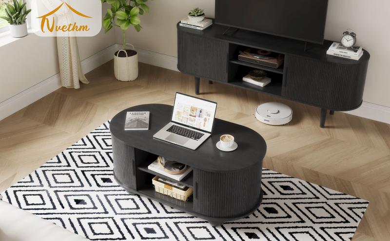 Giratree Oval Coffee Table, Mid-Century Modern Coffee Table with Storage & Sliding Doors, Fluted Coffee Table Center Table for Living Room, Dining Room, Apartment, Home Office