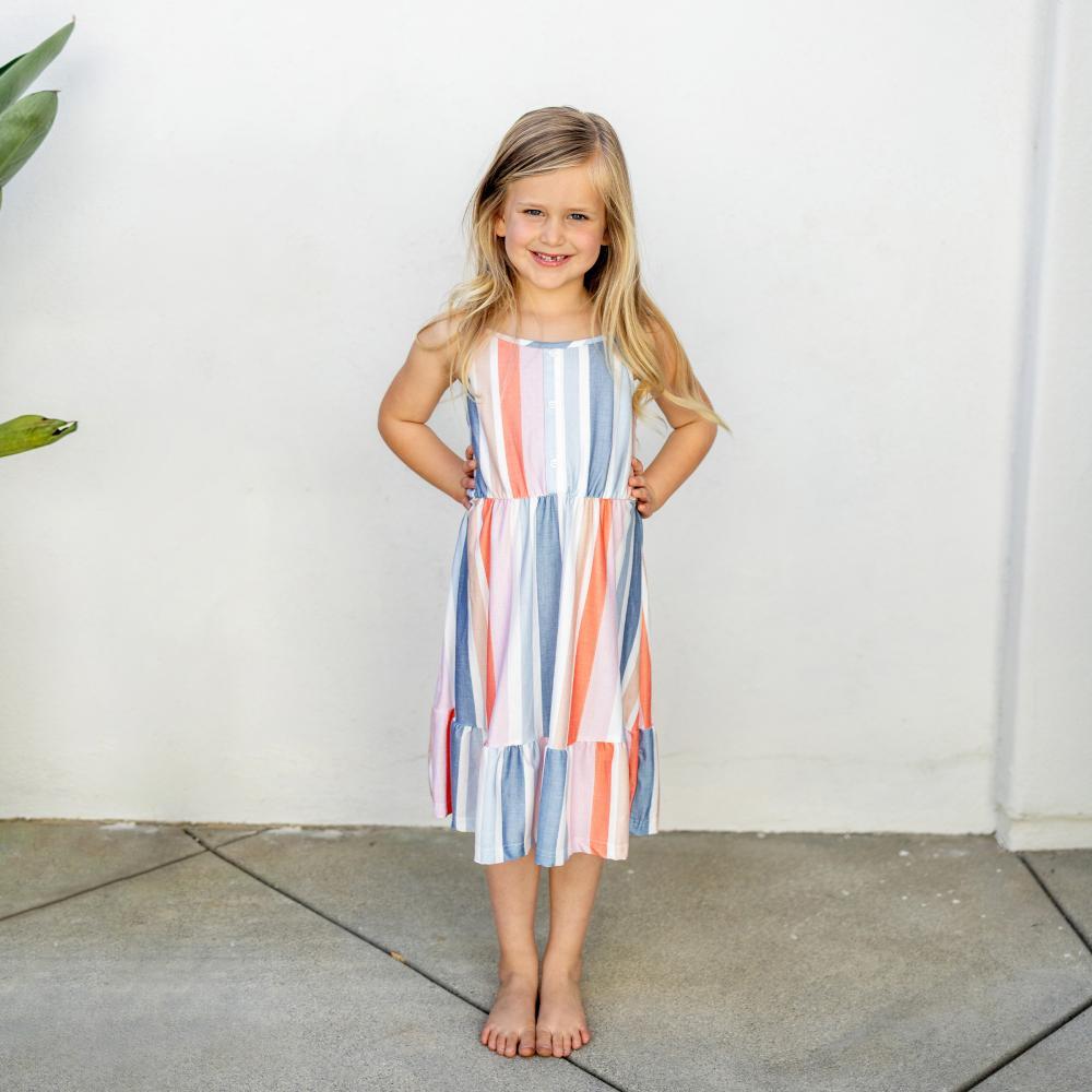 PatPat Family Matching Blue Short-sleeve Tee & Colorful Stripe Camisole Dress - Durable Breathable Fabric for Casual Outings & Vacations