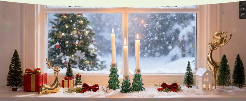 Christmas Taper Candle Holders: 3 Pcs Glass Christmas Tree Candlestick Holders with 9.8oz/ 280g Green Chunky Glitter Xmas Decorations Holiday DIY Gifts