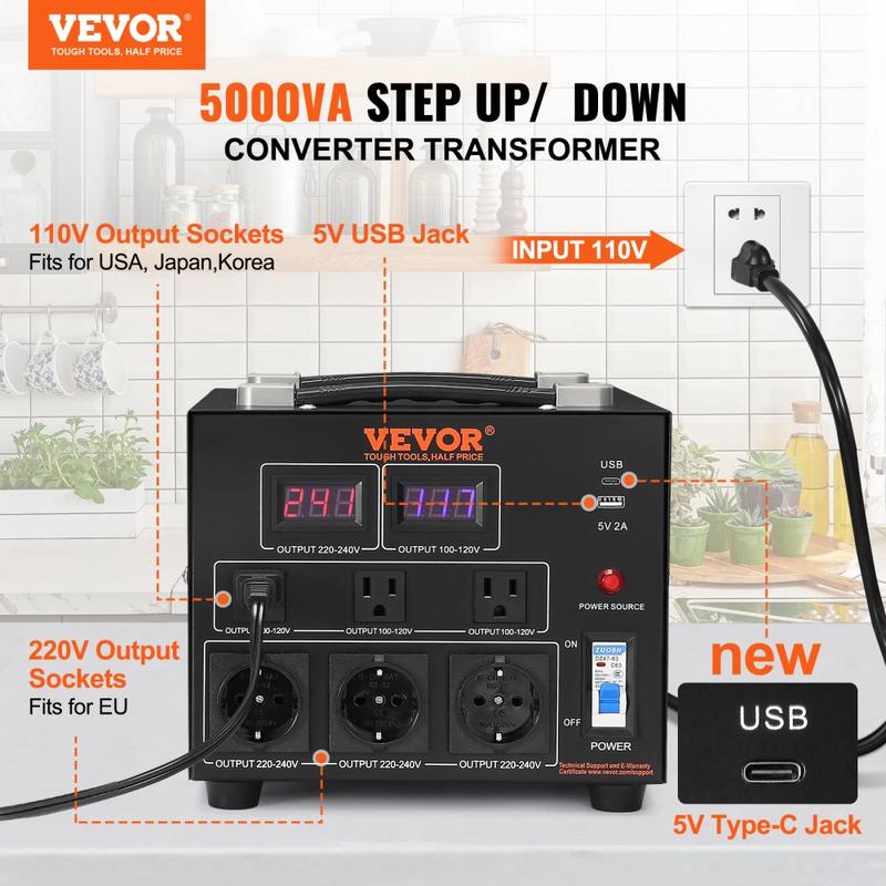 VEVOR Voltage Converter Transformer, TikTokShopBlackFriday, Max. 5000W, Heavy Duty Step Up/Down Transformer, Convert from 110 Volt to 220 Volt and  from 220 Volt to 110 Volt, with US Outlet EU Outlet 5V USB Port