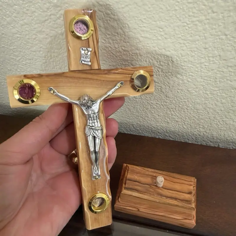 Cross hand carved from olive wood with Flowers, Stones, Olive Leaves and Frankincens