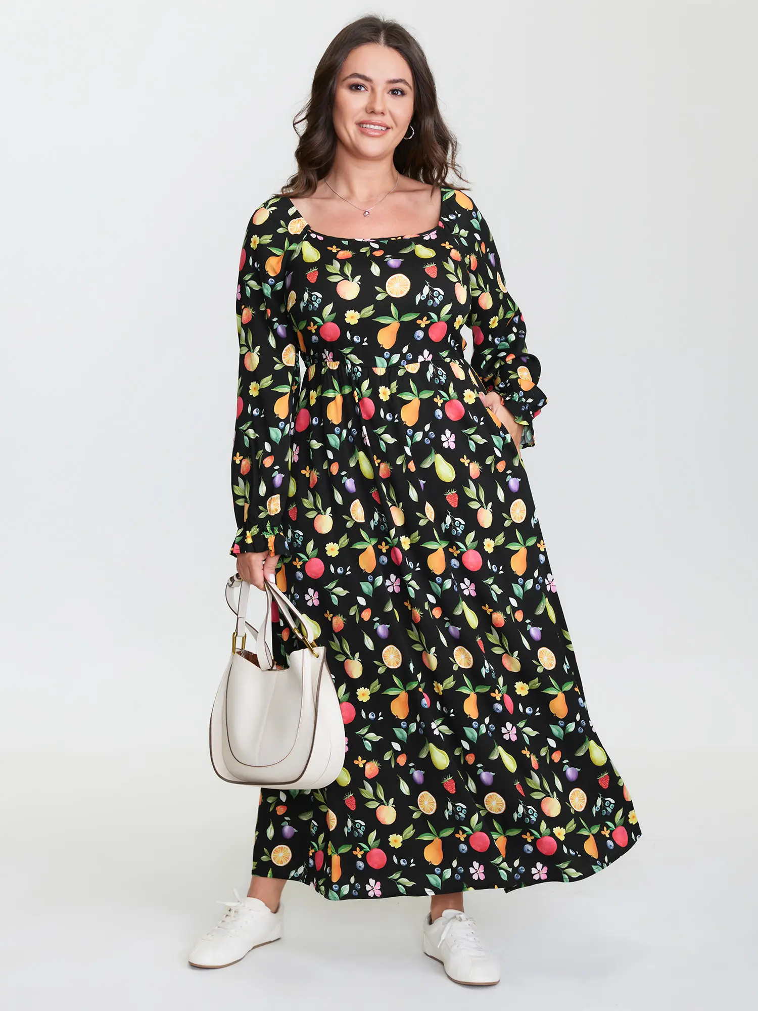 Lady's Women's Casual 100% Rayon Maxi Dress, Square Neck, Long Ruffle Sleeves, Side Pockets, Multicolor Fruit Print, Smooth Low-Iron Fabric, Modest Full-Length Going-Out Garment, Cold Wash Only, Do Not Tumble Dry, Wash With Like Colors