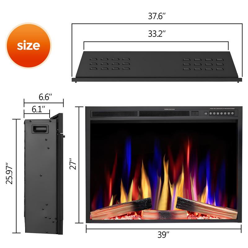 R.W.FLAME 36"&39'' Electric Fireplace Insert, Adjustable 5 Flame Colors, 12 Log Colors, 5 Flame Speeds and Brightness, Remote Control, Timer, Adjustable Temperature from 50°F to 99°F, 750W/1500W