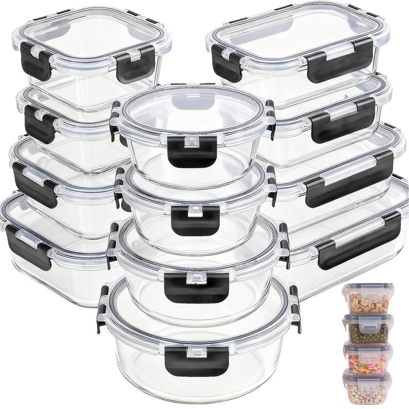 12Pack Airtight Glass Food Storage Containers with Lids,Microwave, and Dishwasher Kitchen Organizer, BPA-Free , Black/Gray Set Utensils