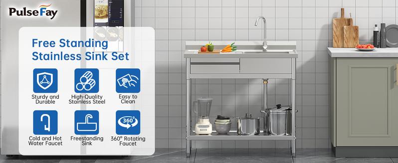 39" Stainless Steel Utility Sink with Left Drawer and Drainboard Freestanding Laundry Sink with Hot & Cold Faucet 304 Matte Finish Single Bowl 17"x13" with Backsplash for Indoor/Outdoor