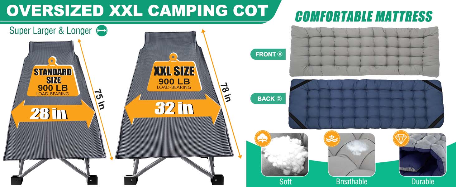 Lilypelle Folding Camping Cot w/3.3 Inch 2 Sided Mattress, Up to 880 Lbs Heavy Duty Sleeping Cots with Carry Bag, Folding Guest Bed, 1200 D Layer Oxford Portable Travel Camp Cots