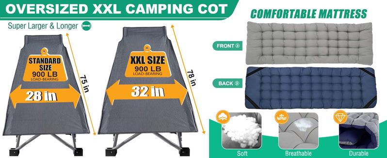 Lilypelle Folding Camping Cot w/3.3 Inch 2 Sided Mattress, Up to 880 Lbs Heavy Duty Sleeping Cots with Carry Bag, Folding Guest Bed, 1200 D Layer Oxford Portable Travel Camp Cots