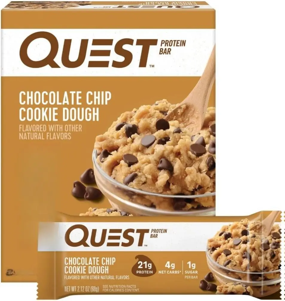 Quest Chocolate Chip Cookie Dough Protein Bar 21g Protein, 4g Net Carbs, Gluten Free, Keto Friendly, 4 Count, No Added Sugar, Snack Bar - Milk