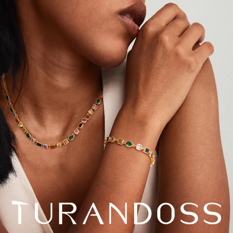 Turandoss 14K Gold Plated Multicolor Gemstone Tennis Necklace – Colorful CZ & Emerald Chain, Adjustable, Stylish Gift Jewelry for Him & Her
