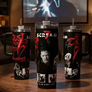 Ultimate Scream 7 Stu Macher Ghostface 40oz Tumbler with Handle | Matthew Lillard Custom Horror Cup | 20oz Insulated Travel Mug | 90s Nostalgia Spooky Aesthetic Gift | Cup Holder Friendly