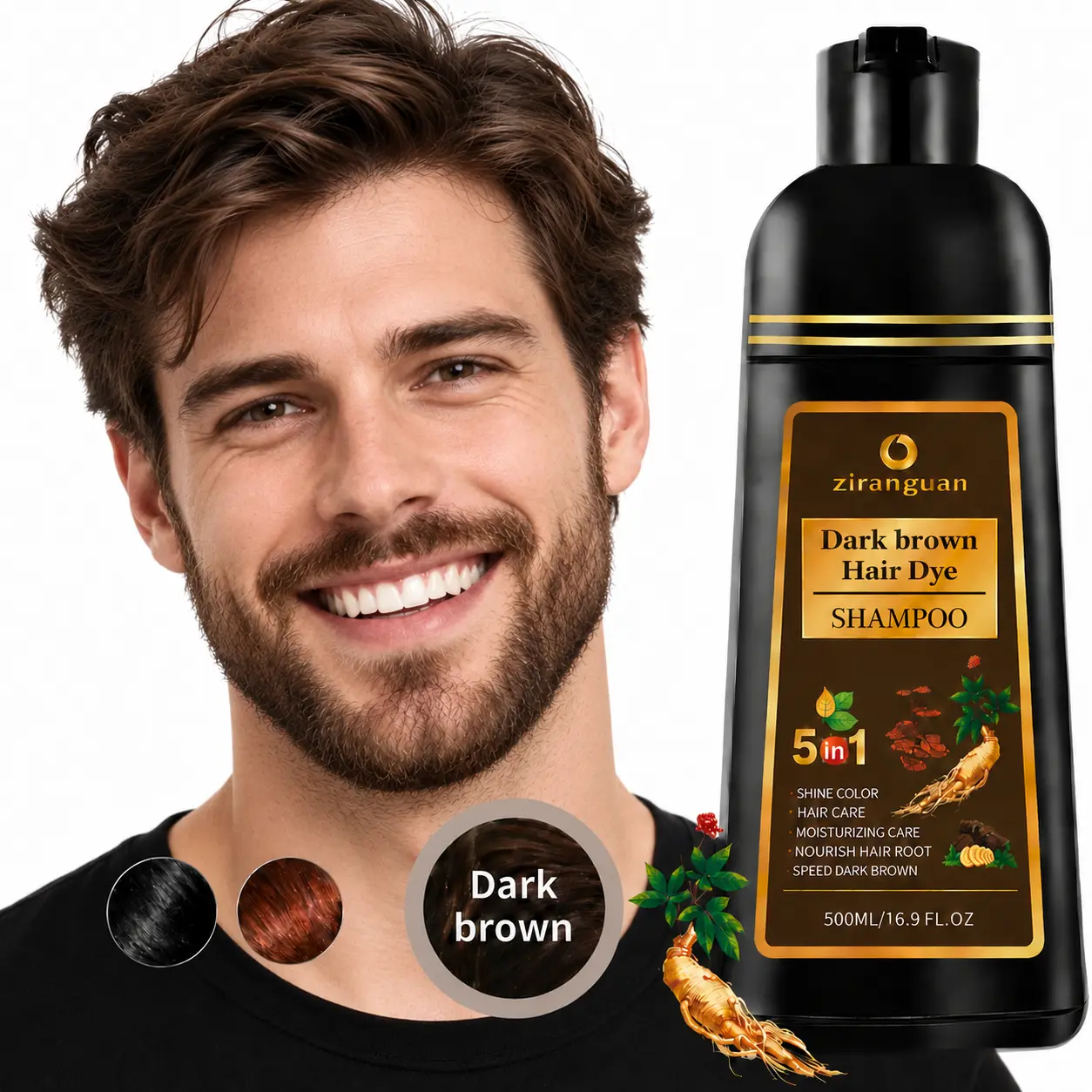 500ml 3-in-1 Dark Brown Hair Dye Shampoo for Gray Hair Coverage, 10-Min Fast Plant-Based Herbal Formula with Ginseng Extract & Ginger Root, Ammonia-Free Semi-Permanent Color Depositing Shampoo & Conditioner, Scalp-Safe for Adults