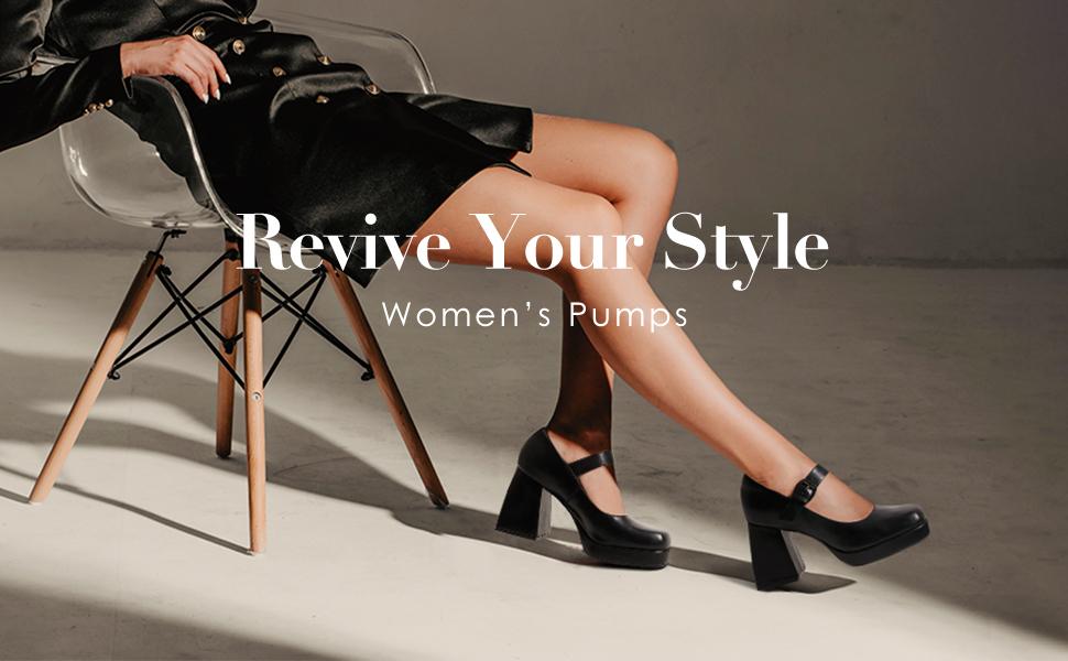 Dream Pairs Women's Square Toe Mary Jane Block Heel Pumps - Cuban Heel Glossy PU Upper Retro Design Comfortable Cushioning Available in Multiple Colors