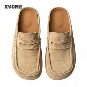 KVONE Unisex Mule Shoes Slip-On Wedge Sandals with Wooden Clogs, Casual Comfortable Leather Soft Upper for All Seasons Women and Men Slippers Footwear