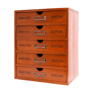 5 Drawer Retro Wooden Desk Organizer Storage Cabinet Brown Pine Freestanding Multi Purpose for Office Home Study Teacher Office Supplies Cosmetics Jewelry Tea