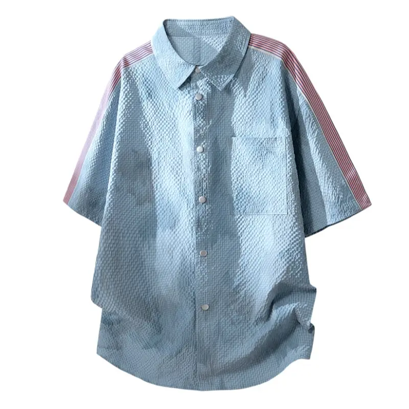 Men’s Light Blue Bubble Textured Short-Sleeve Collared Shirt - 1-Button Front, Contrast Striped Shoulders, 1 Chest Pocket, Breathable Lightweight Fabric, Korean Vintage Tie Dye, Everyday Work Party Wear, Unisex Preppy Retro Chic Basic Top