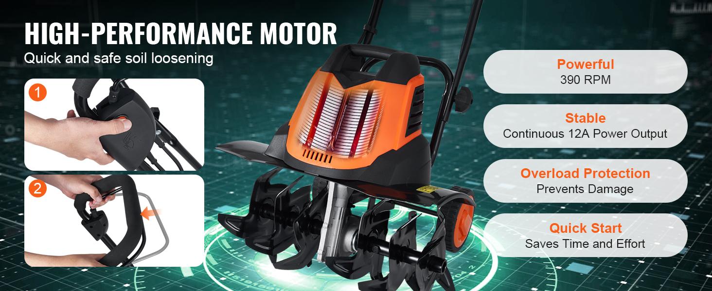 VEVOR 10/12 Amp Electric Tiller, Corded Electric Tiller/Cultivator, Steel Mn Tines, Rototiller for Garden Lawn Soil Digging